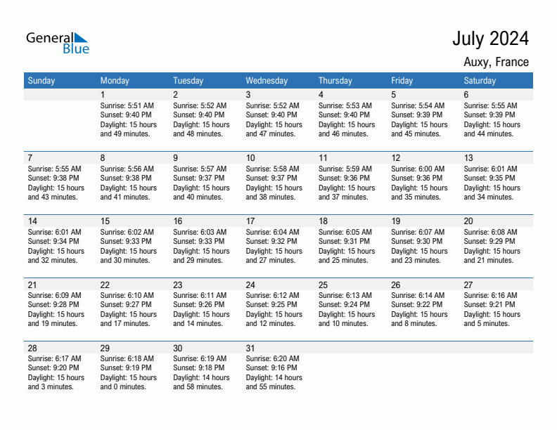 Auxy July 2024 sunrise and sunset calendar in PDF, Excel, and Word