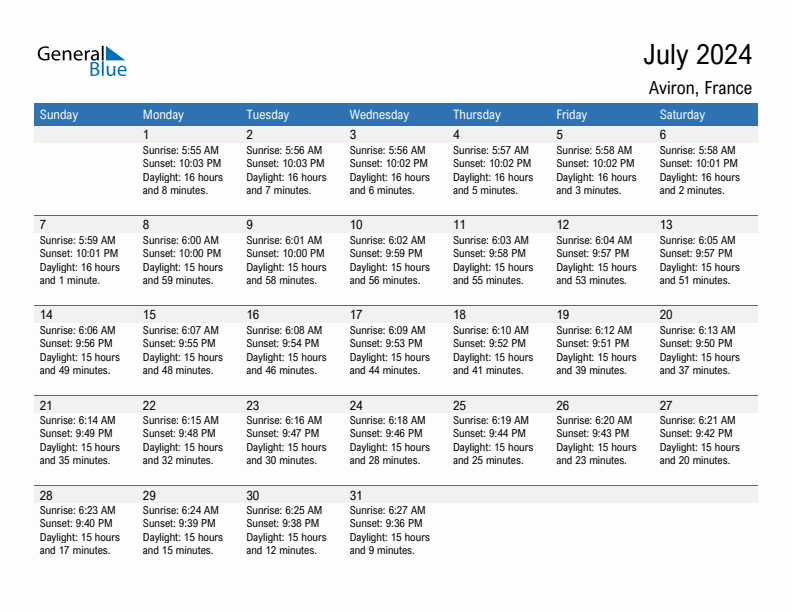 Aviron July 2024 sunrise and sunset calendar in PDF, Excel, and Word