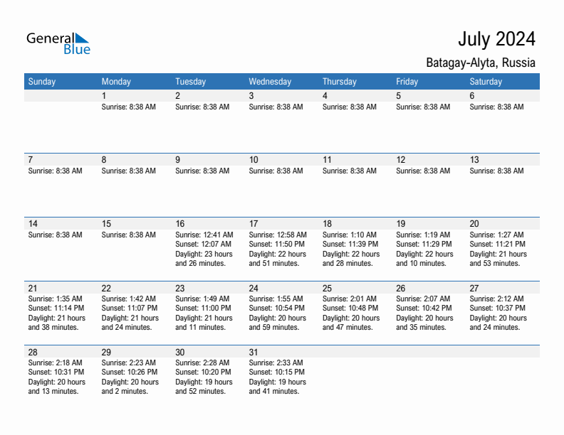 Batagay-Alyta July 2024 sunrise and sunset calendar in PDF, Excel, and Word