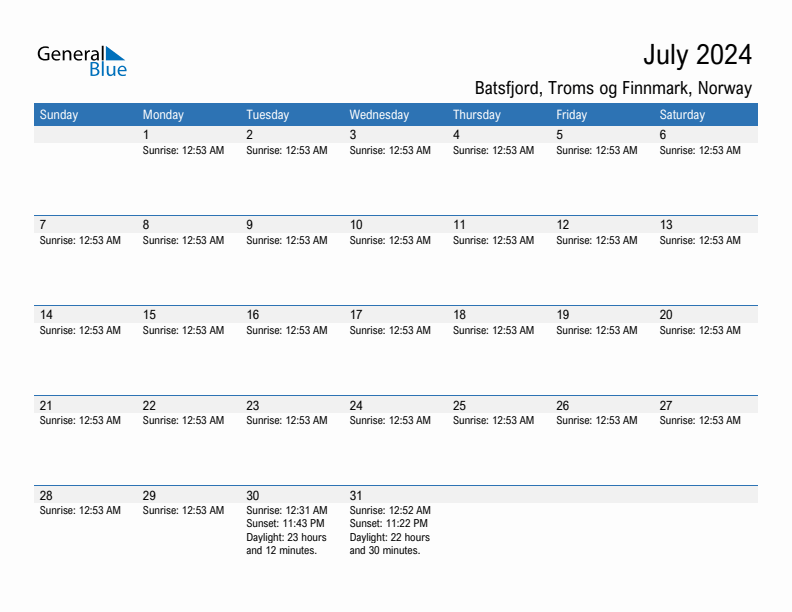 Batsfjord July 2024 sunrise and sunset calendar in PDF, Excel, and Word