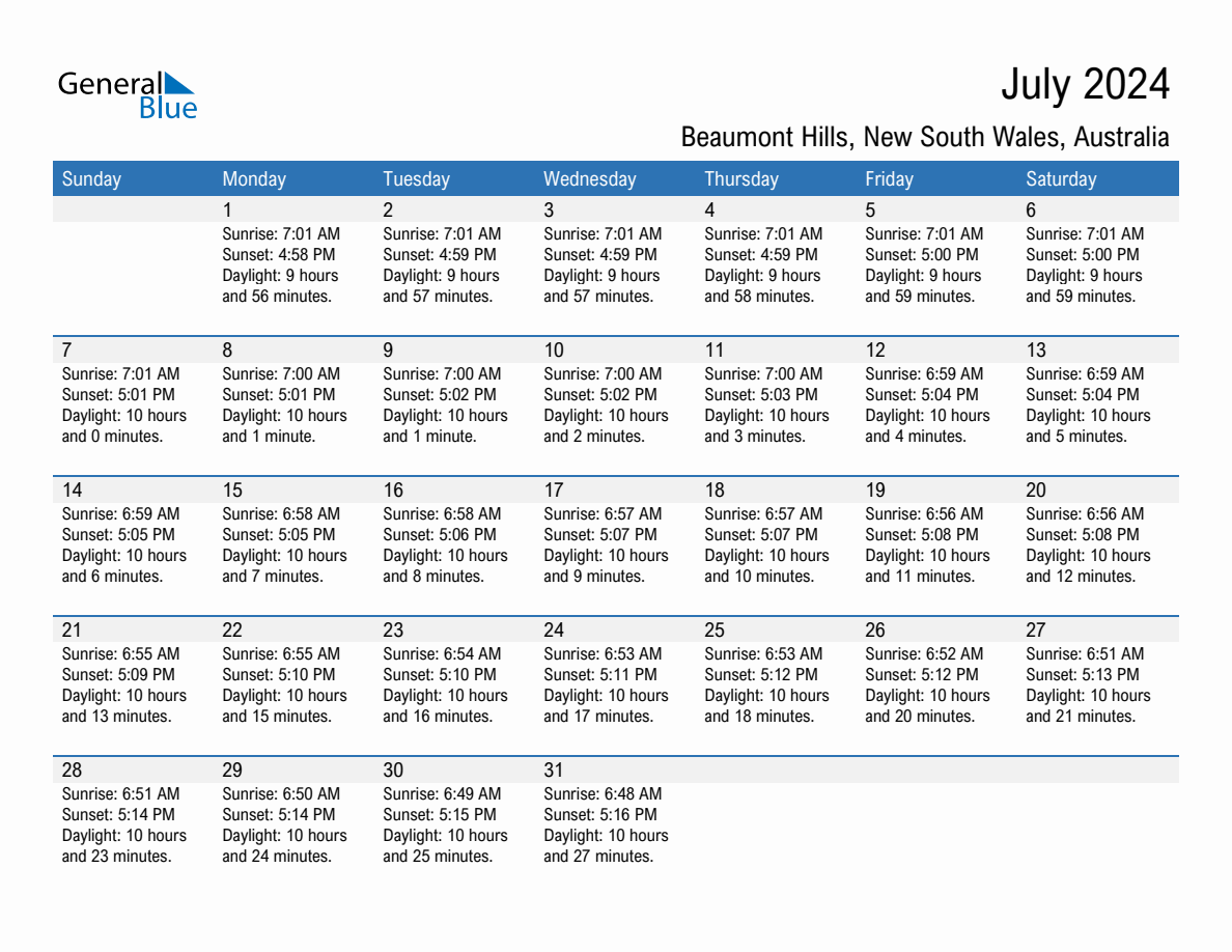 July 2024 sunrise and sunset calendar for Beaumont Hills