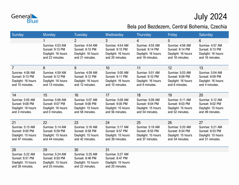 Bela pod Bezdezem July 2024 sunrise and sunset calendar in PDF, Excel, and Word