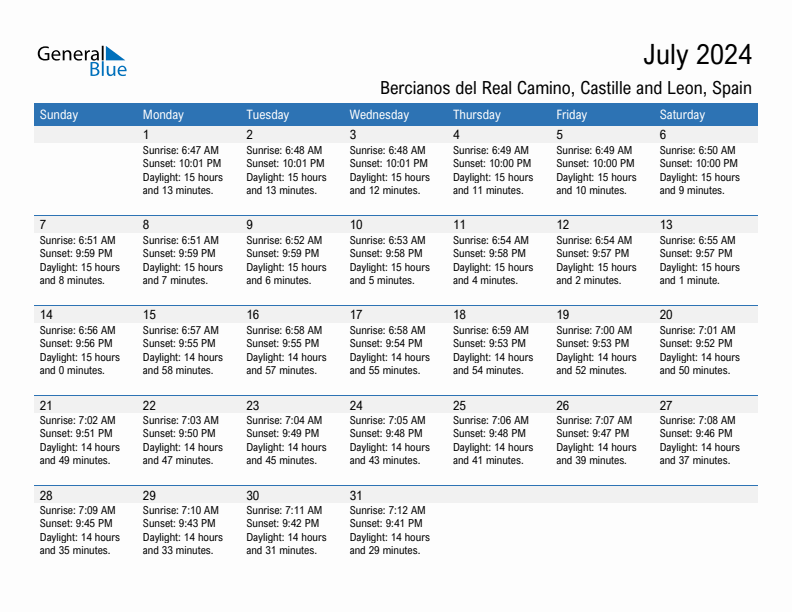 Bercianos del Real Camino July 2024 sunrise and sunset calendar in PDF, Excel, and Word