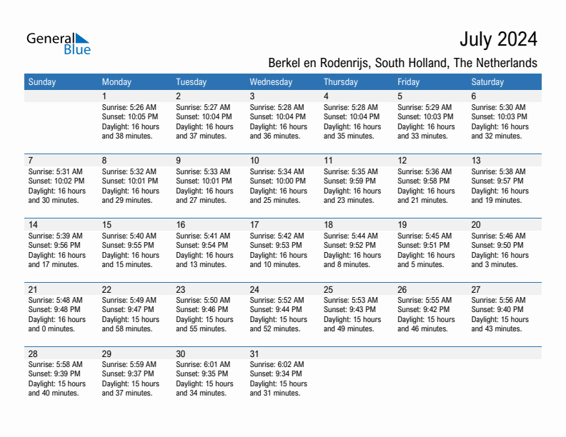 Berkel en Rodenrijs July 2024 sunrise and sunset calendar in PDF, Excel, and Word