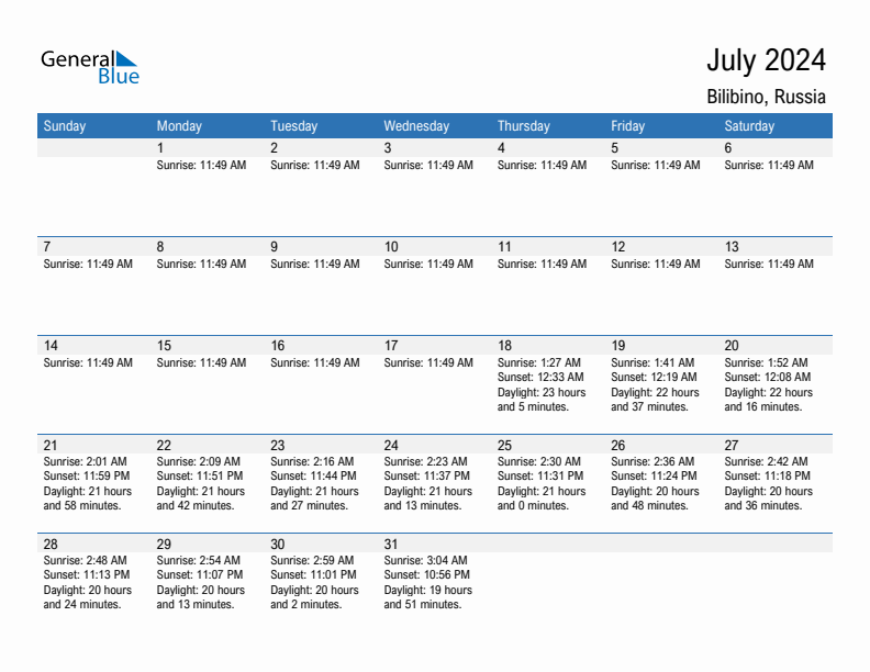 Bilibino July 2024 sunrise and sunset calendar in PDF, Excel, and Word