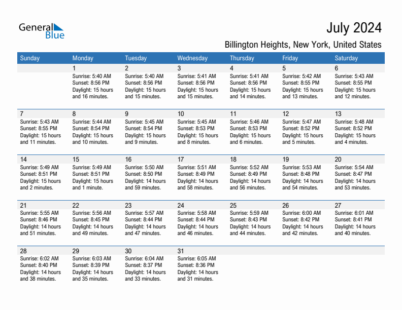 Billington Heights July 2024 sunrise and sunset calendar in PDF, Excel, and Word