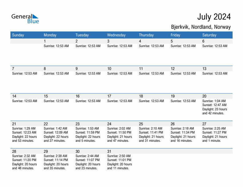 Bjerkvik July 2024 sunrise and sunset calendar in PDF, Excel, and Word