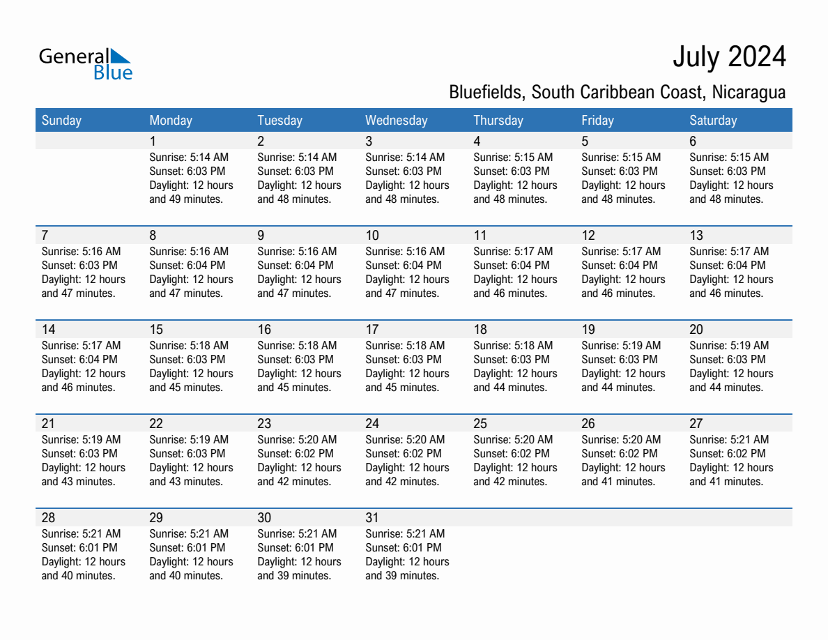 July 2024 sunrise and sunset calendar for Bluefields