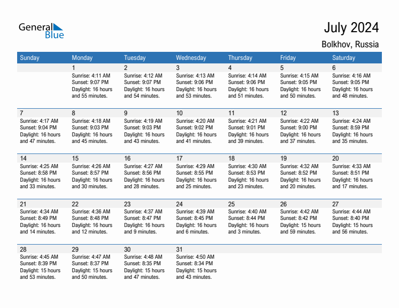 Bolkhov July 2024 sunrise and sunset calendar in PDF, Excel, and Word