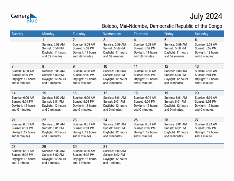 Bolobo July 2024 sunrise and sunset calendar in PDF, Excel, and Word