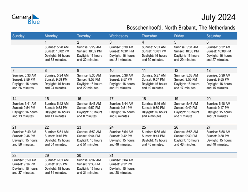 Bosschenhoofd July 2024 sunrise and sunset calendar in PDF, Excel, and Word