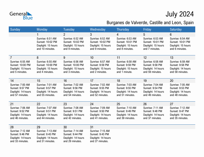 Burganes de Valverde July 2024 sunrise and sunset calendar in PDF, Excel, and Word