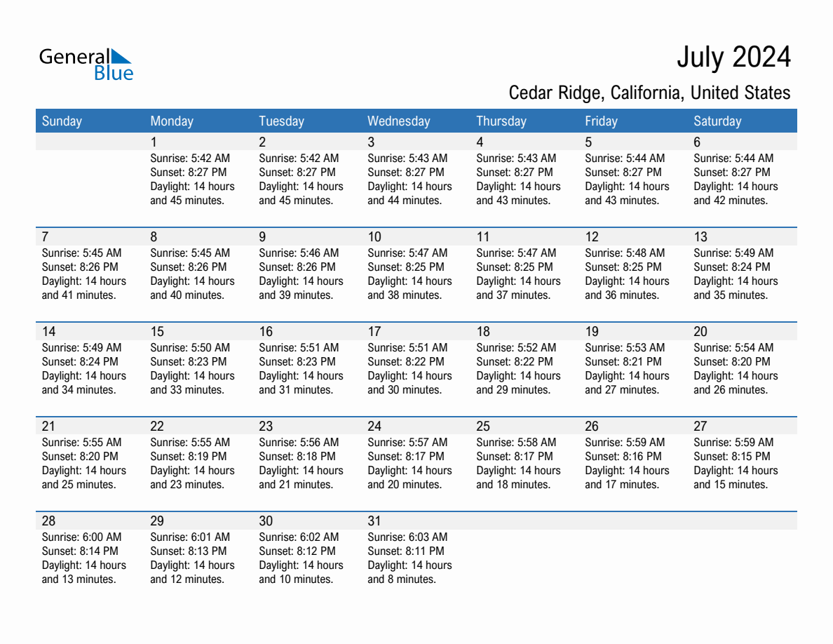 July 2024 Sunrise and Sunset Calendar for Cedar Ridge (PDF Excel Word)