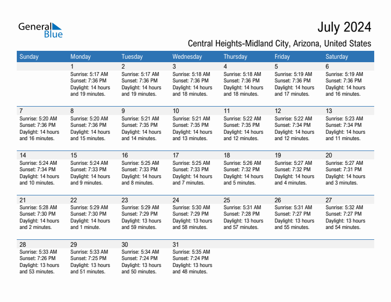 Central Heights-Midland City July 2024 sunrise and sunset calendar in PDF, Excel, and Word