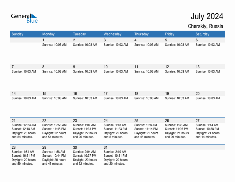 Cherskiy July 2024 sunrise and sunset calendar in PDF, Excel, and Word