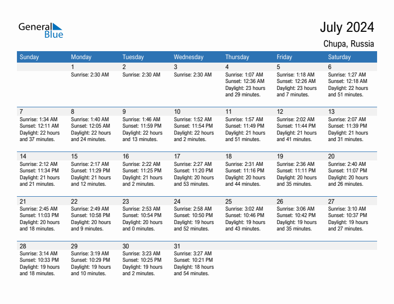 Chupa July 2024 sunrise and sunset calendar in PDF, Excel, and Word