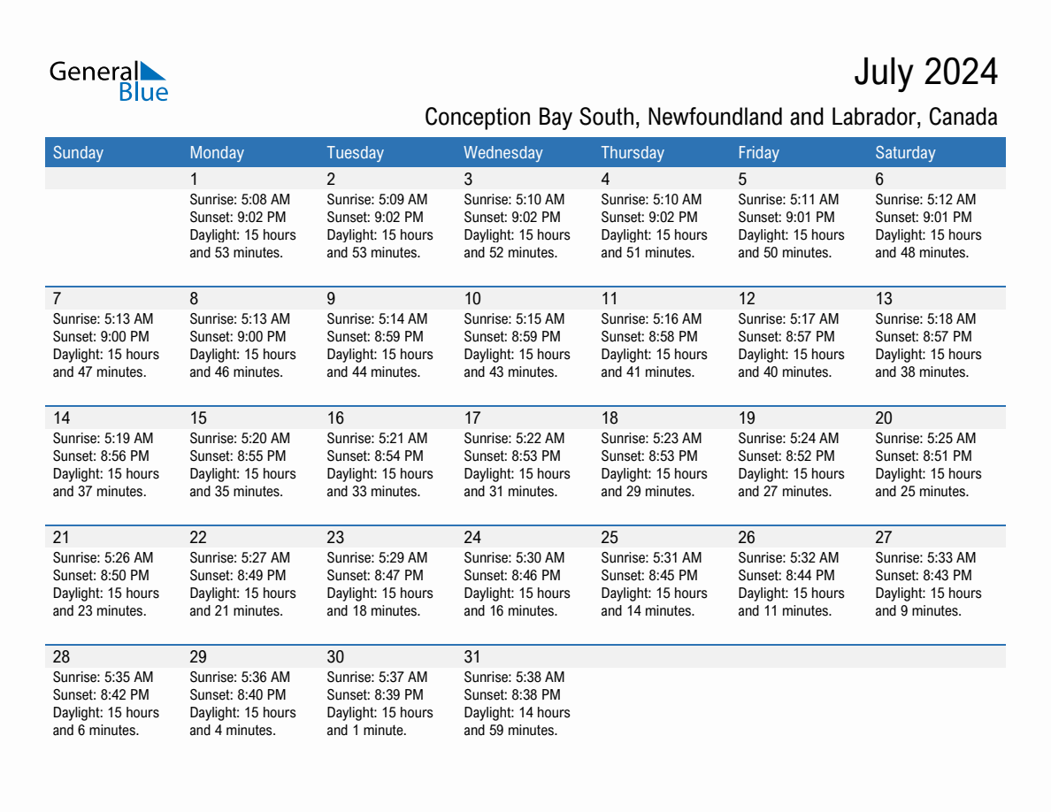 July 2024 sunrise and sunset calendar for Conception Bay South
