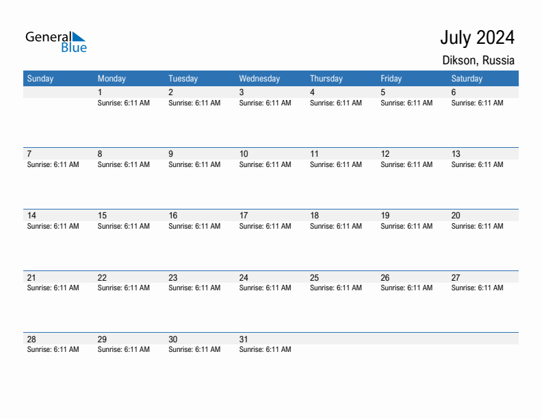 Dikson July 2024 sunrise and sunset calendar in PDF, Excel, and Word