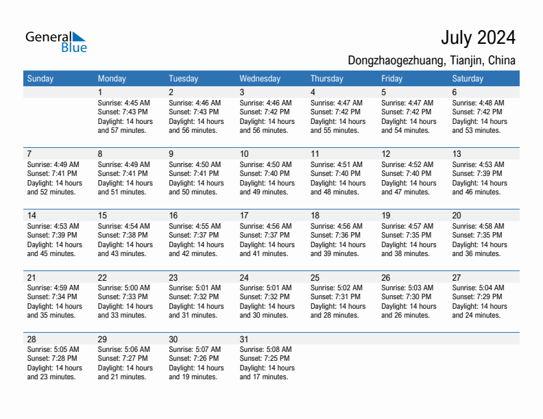 Dongzhaogezhuang July 2024 sunrise and sunset calendar in PDF, Excel, and Word