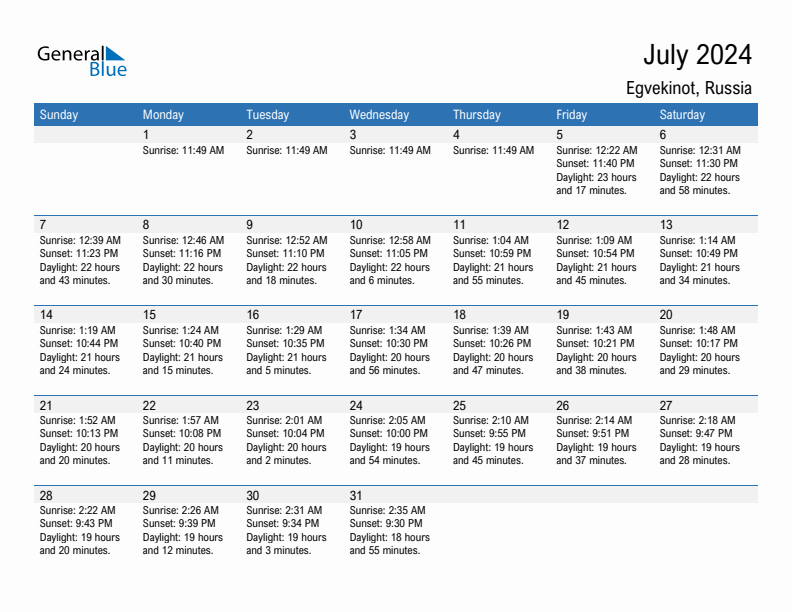 Egvekinot July 2024 sunrise and sunset calendar in PDF, Excel, and Word