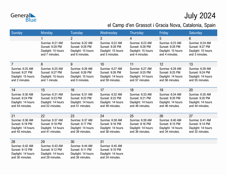 el Camp d'en Grassot i Gracia Nova July 2024 sunrise and sunset calendar in PDF, Excel, and Word