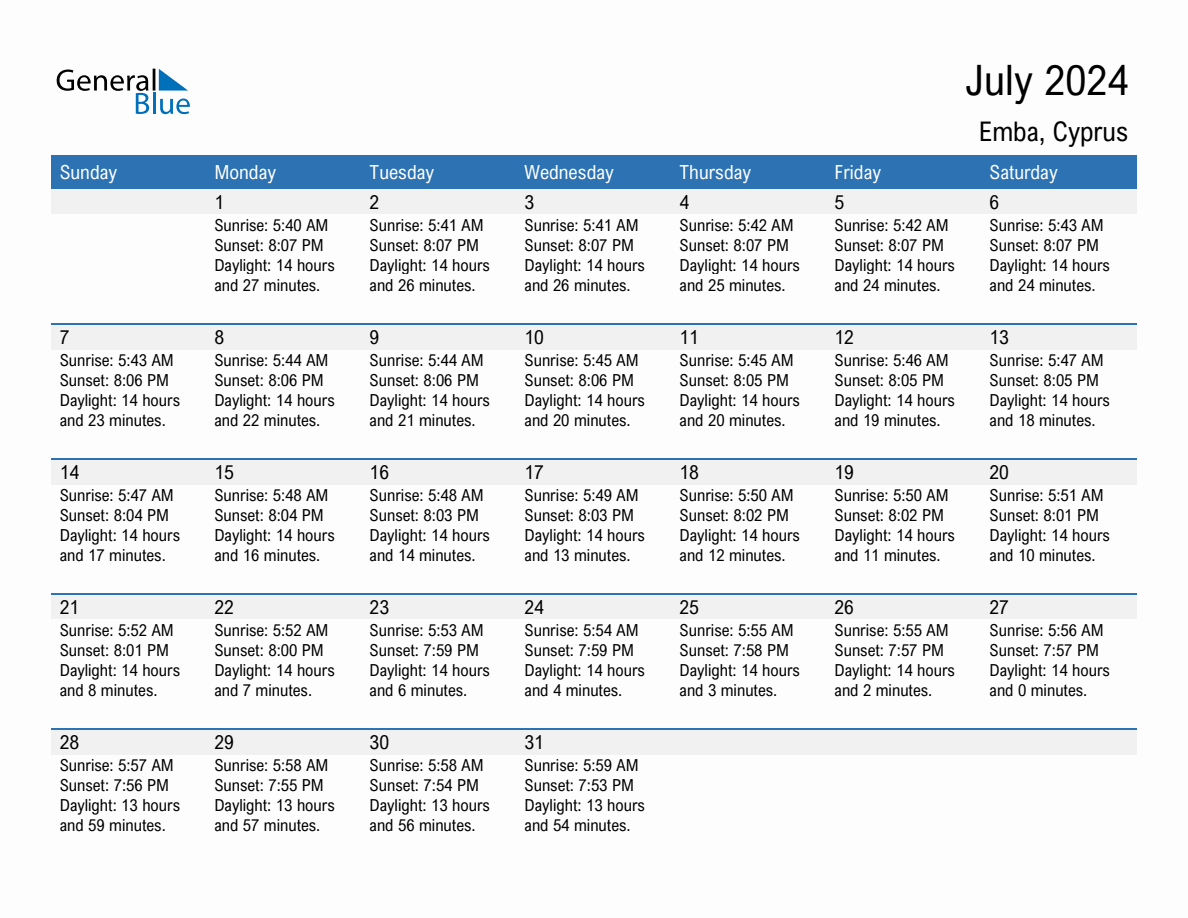July 2024 sunrise and sunset calendar for Emba