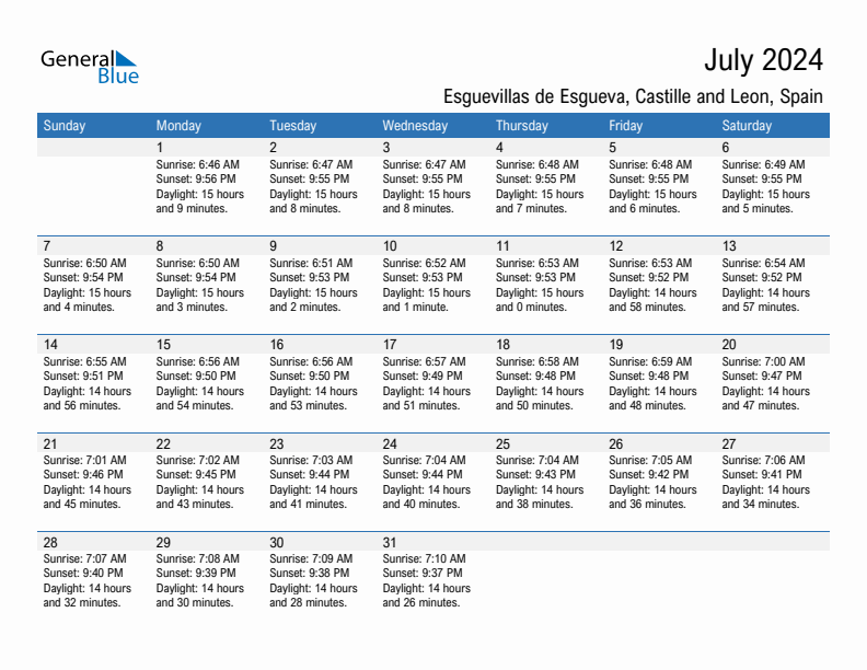 Esguevillas de Esgueva July 2024 sunrise and sunset calendar in PDF, Excel, and Word