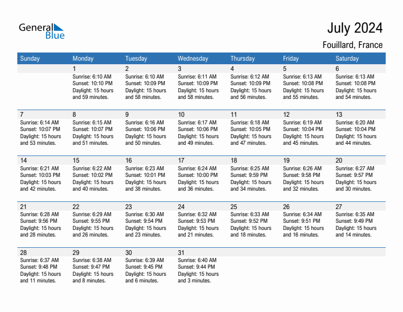 Fouillard July 2024 sunrise and sunset calendar in PDF, Excel, and Word