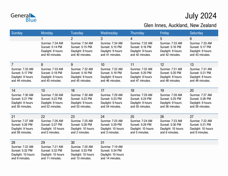 Glen Innes July 2024 sunrise and sunset calendar in PDF, Excel, and Word