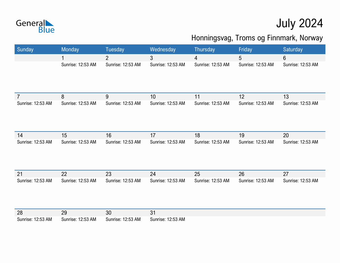 July 2024 sunrise and sunset calendar for Honningsvag