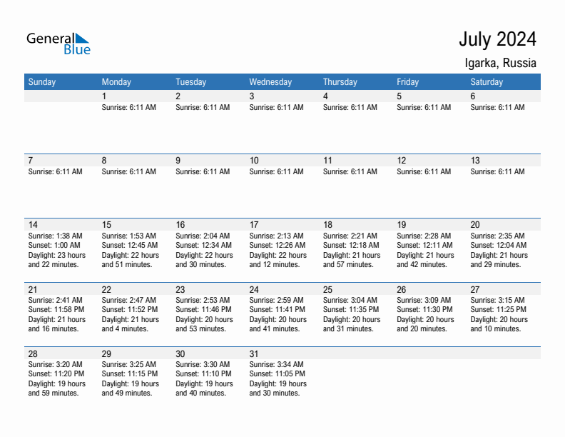 Igarka July 2024 sunrise and sunset calendar in PDF, Excel, and Word