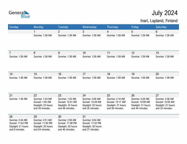 Inari July 2024 sunrise and sunset calendar in PDF, Excel, and Word