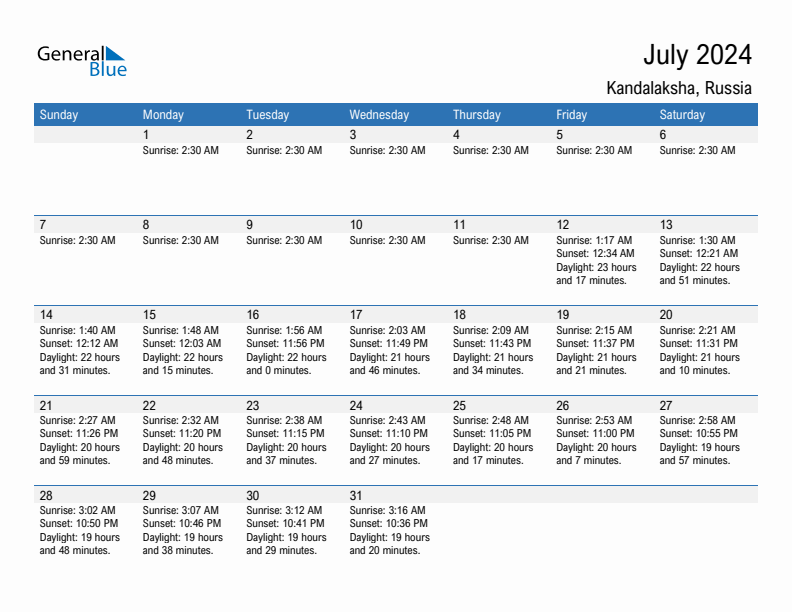 Kandalaksha July 2024 sunrise and sunset calendar in PDF, Excel, and Word