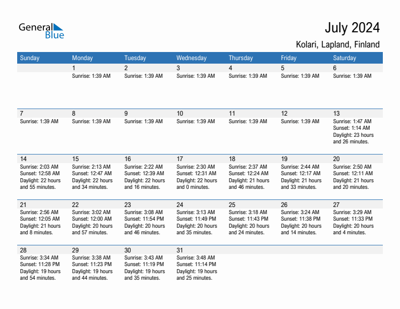 Kolari July 2024 sunrise and sunset calendar in PDF, Excel, and Word