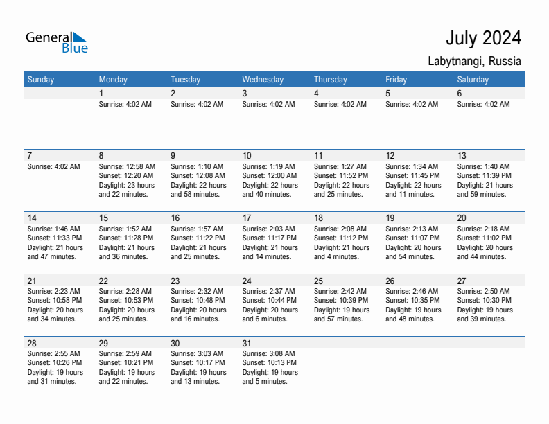 Labytnangi July 2024 sunrise and sunset calendar in PDF, Excel, and Word