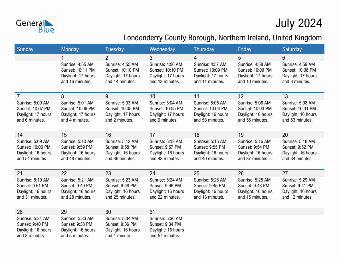 July 2024 sunrise and sunset calendar for Londonderry County Borough