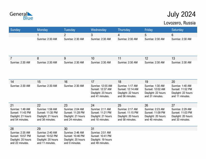 Lovozero July 2024 sunrise and sunset calendar in PDF, Excel, and Word