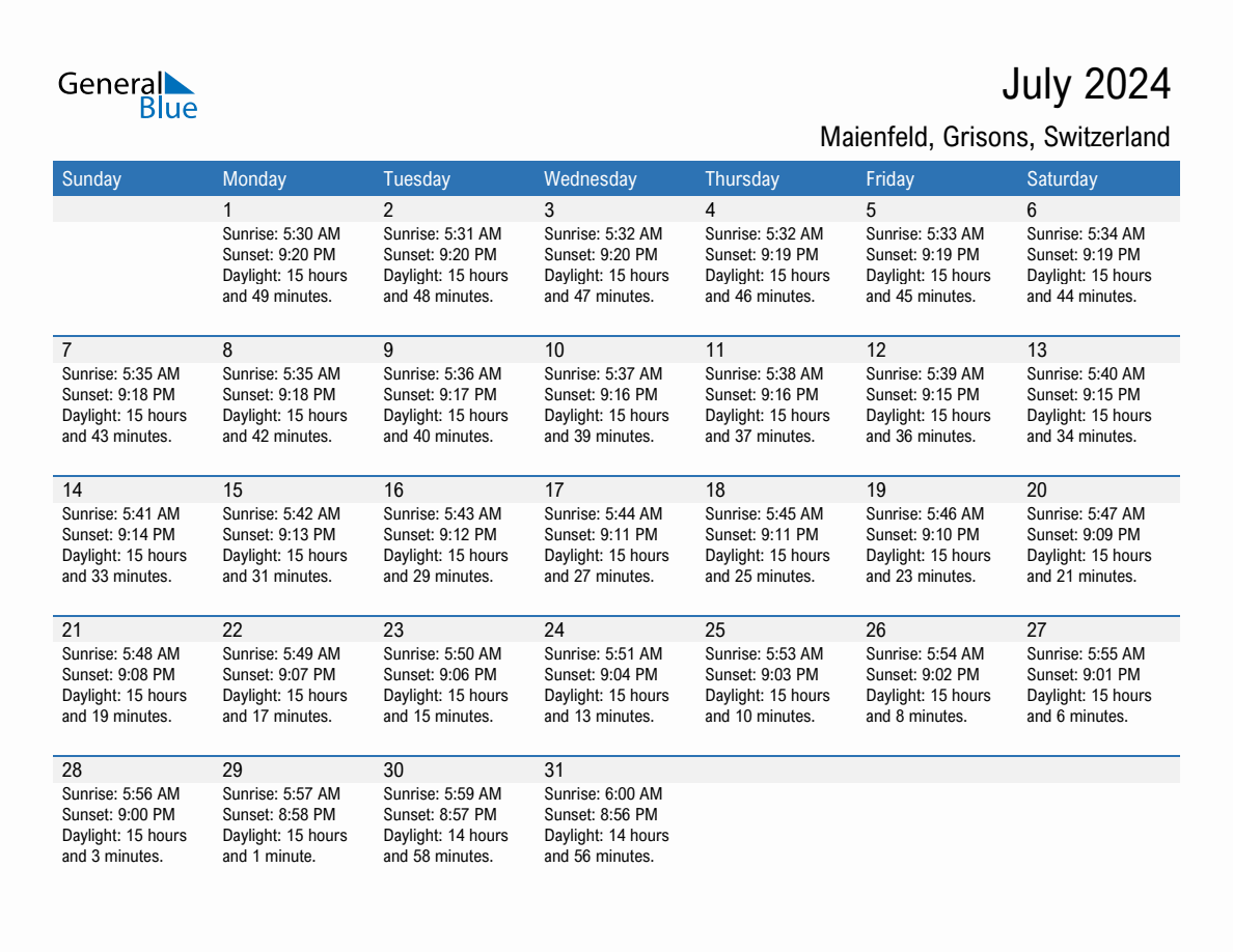 July 2024 sunrise and sunset calendar for Maienfeld