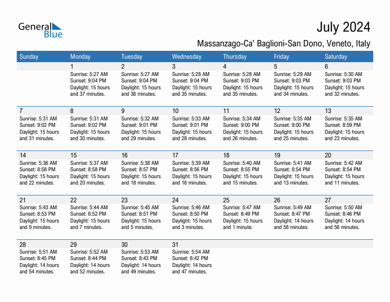 Massanzago-Ca' Baglioni-San Dono July 2024 sunrise and sunset calendar in PDF, Excel, and Word