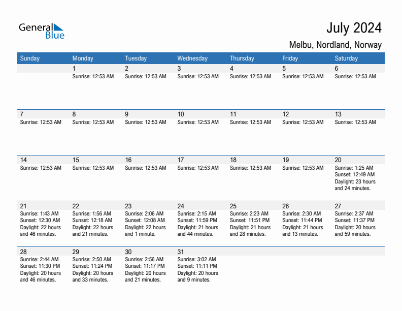 Melbu July 2024 sunrise and sunset calendar in PDF, Excel, and Word