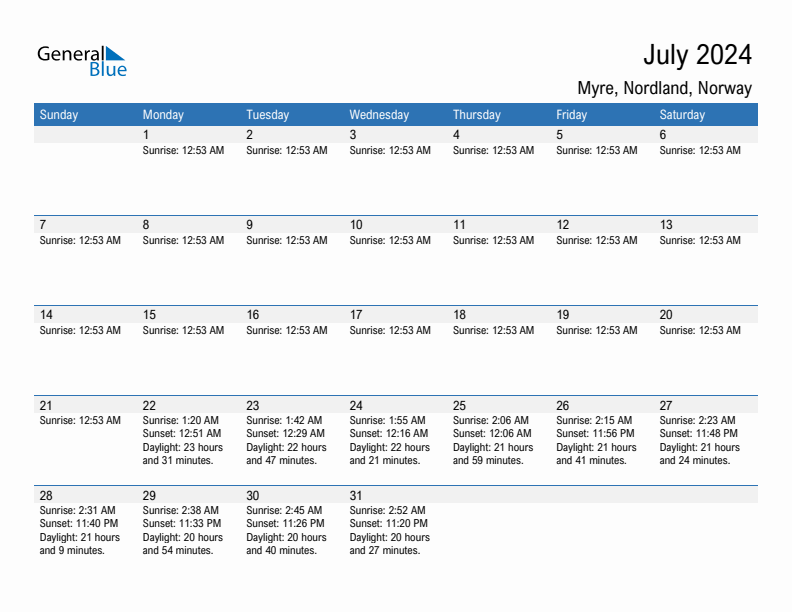 Myre July 2024 sunrise and sunset calendar in PDF, Excel, and Word