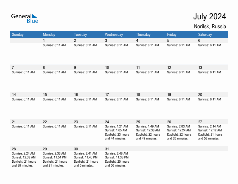 Norilsk July 2024 sunrise and sunset calendar in PDF, Excel, and Word