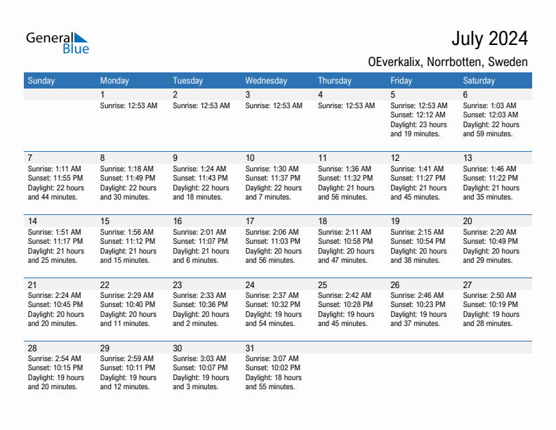 OEverkalix July 2024 sunrise and sunset calendar in PDF, Excel, and Word