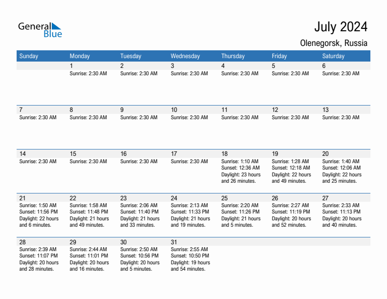 Olenegorsk July 2024 sunrise and sunset calendar in PDF, Excel, and Word