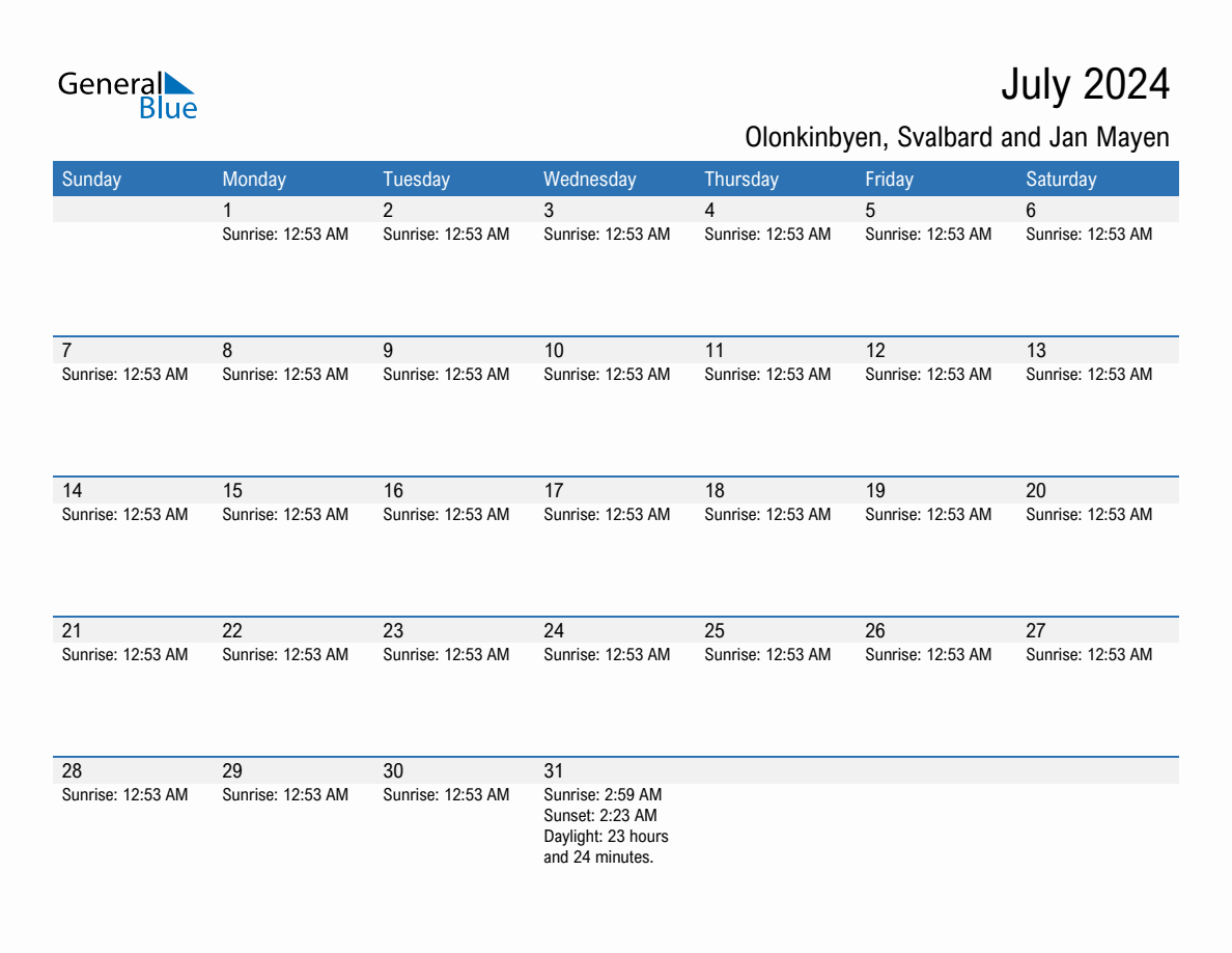 July 2024 sunrise and sunset calendar for Olonkinbyen