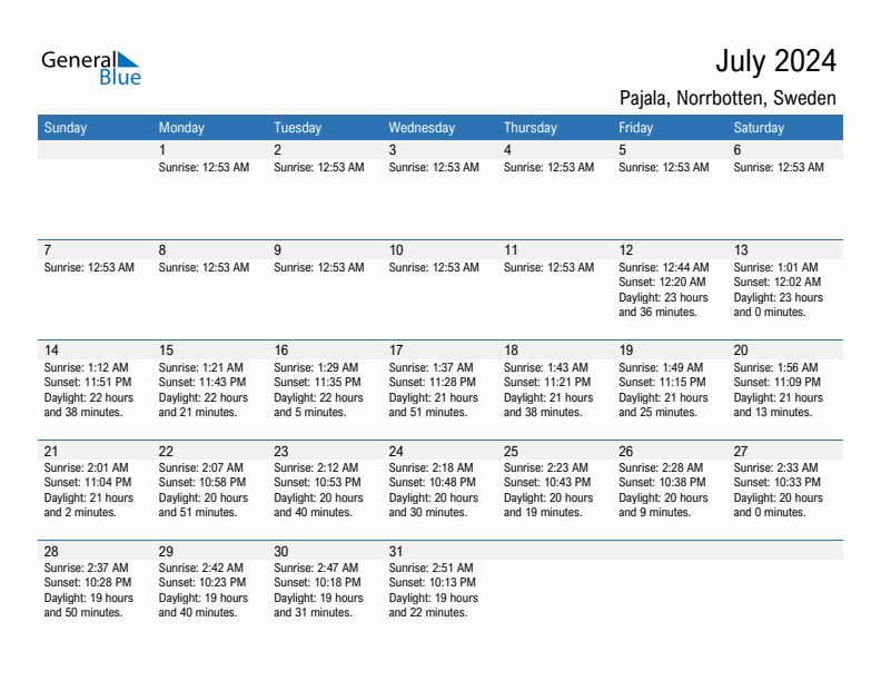 Pajala July 2024 sunrise and sunset calendar in PDF, Excel, and Word