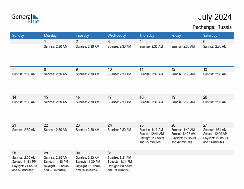 Pechenga July 2024 sunrise and sunset calendar in PDF, Excel, and Word