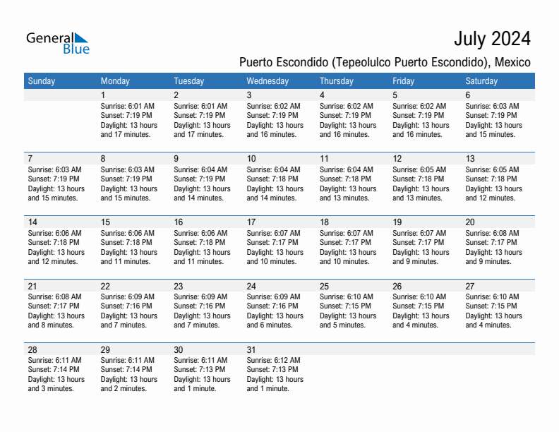 Puerto Escondido (Tepeolulco Puerto Escondido) July 2024 sunrise and sunset calendar in PDF, Excel, and Word