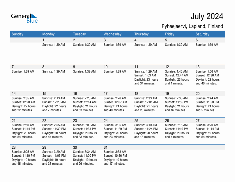 Pyhaejaervi July 2024 sunrise and sunset calendar in PDF, Excel, and Word