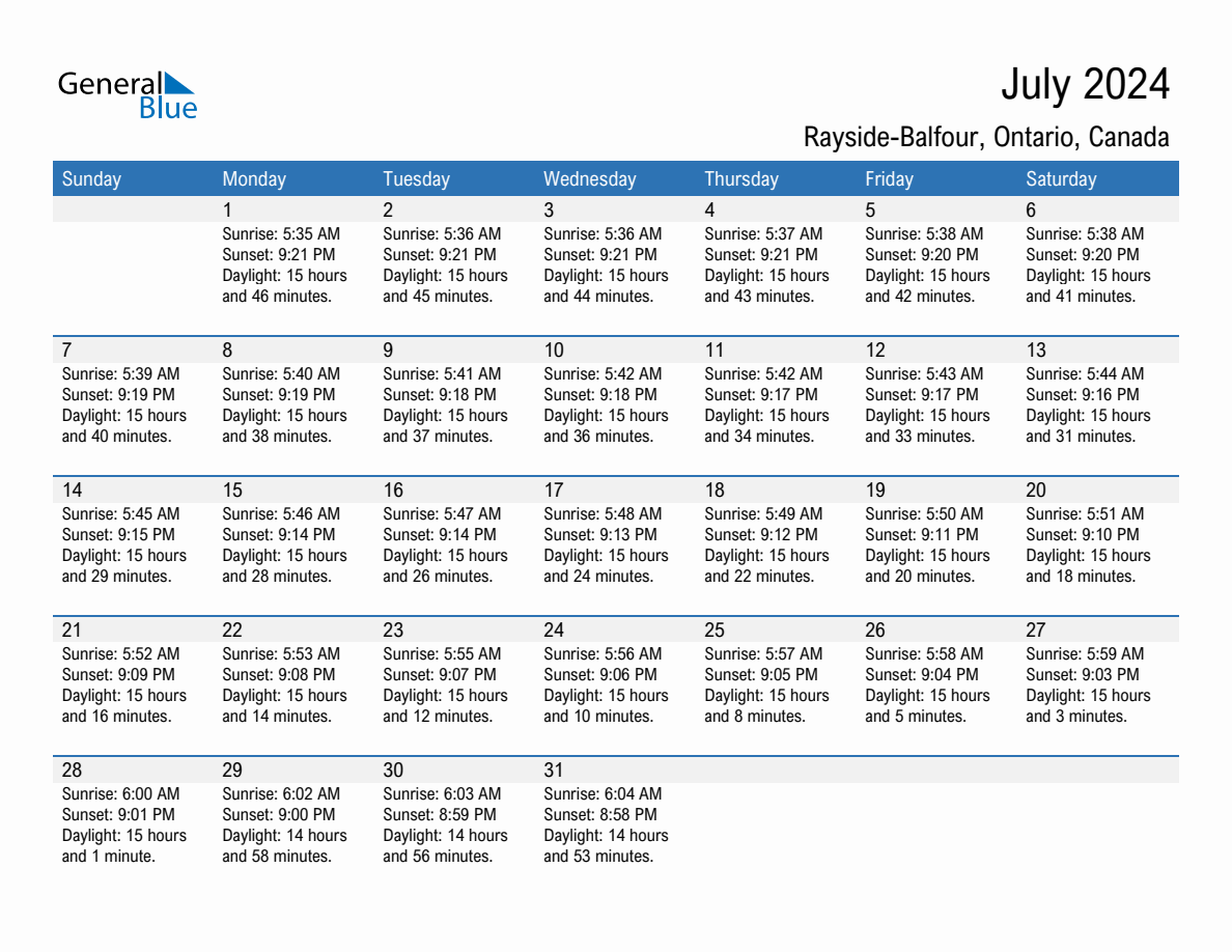 July 2024 sunrise and sunset calendar for Rayside-Balfour